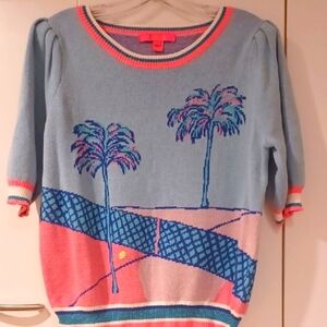 Lilly Pulitzer Blue and Pink Crew Neck Sweater with Tropical Tennis Designlly